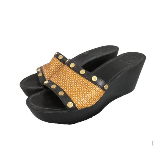 TORY BURCH Straw/Leather JOANIE Studded PLATFORM WEDGE SANDALS US 8.5 Logo s7155 - Picture 1 of 16